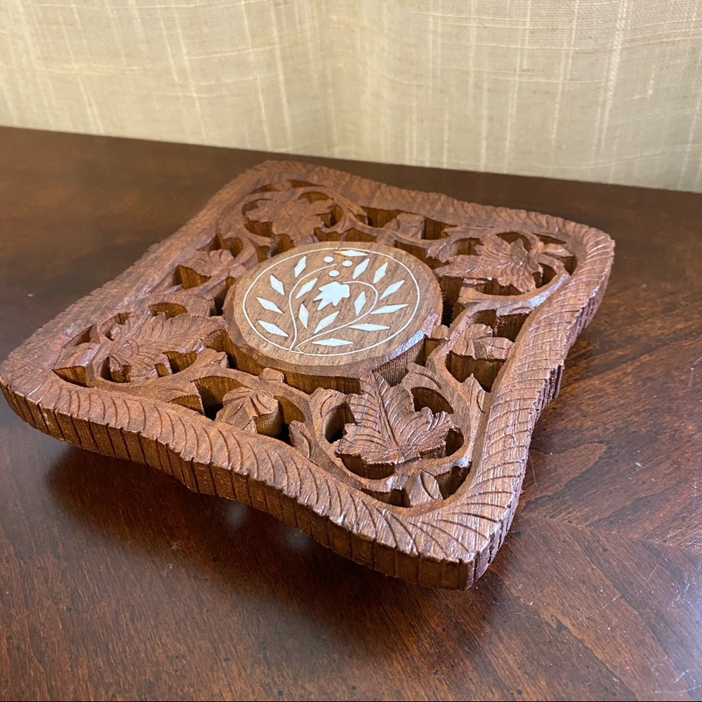 Vintage Carved Wood Bone Pot Holder plant
